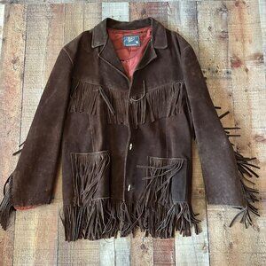Bobs Vintage Brown Fringe Jacket With Red Lining & Button Closure